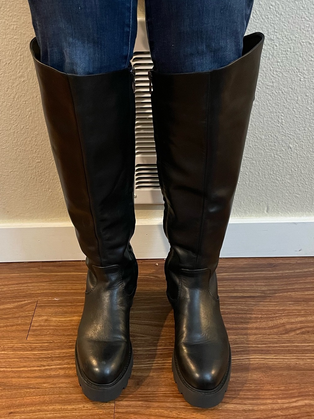 Black Leather Knee-High Boots, Wide Calf